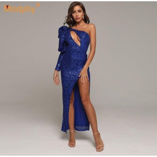 2020 Autumn New Asymmetric One-Shoulder Long-Sleeved Bow Dress Sexy Hollow Sequins Club Celebrity Runway Party Dress Vestidos