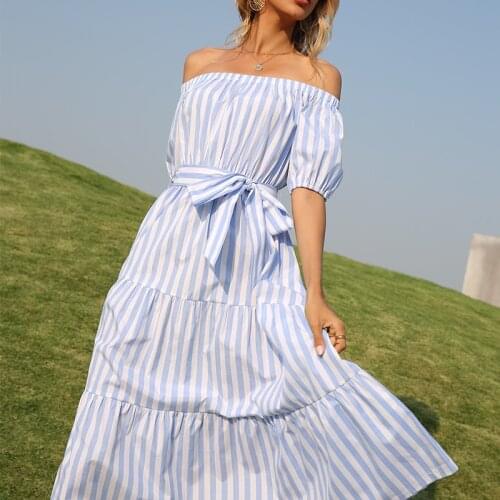 DUISNENA boho dress sexy off shoulder slash neck women dresses white blue stripe bowknot elastic waist robe mujer vestidos