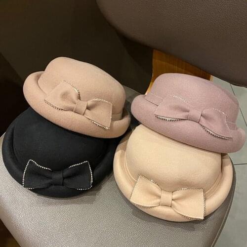 Winter New Style Japanese Retro Bowler Hat Small Top Hats For Women Ladies Bow Beret Painter Cap Catwalk Fashion Felt Mad Hatter
