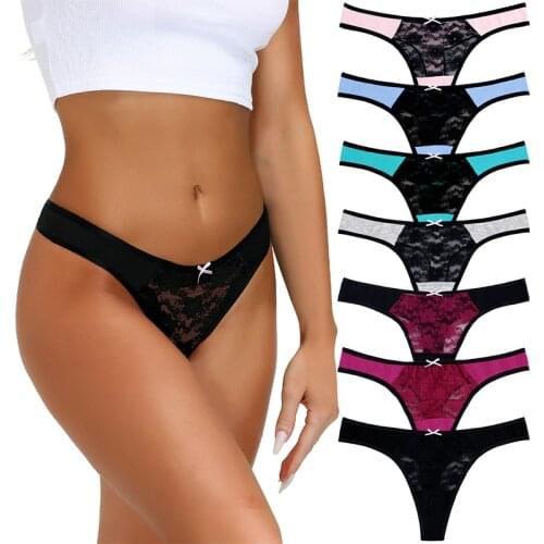 7pack sexy lace women thongs 90% cotton women G-string solid color hollow out female lingerie S-XXL ladies panties T back Thongs