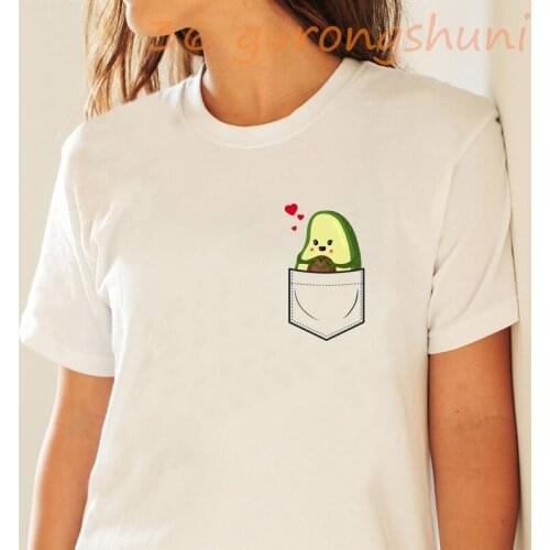 Avocado in Breastpocket Hearts graphic t Shirts Women Funny Cartoon Small Fresh Cartoon Tshirt Style Graphic Tops Tees Female