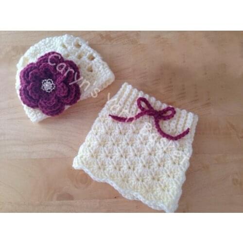 Free shipping,Crochet Baby girls Purple flower Beanies with Short skirt baby Set Newborn Photo Prop NB-3M 100% cotton
