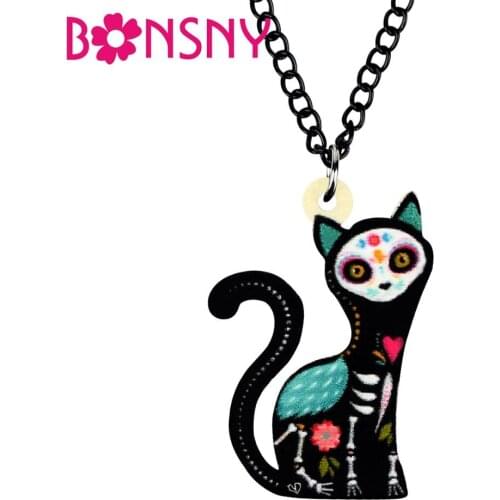 Bonsny Acrylic Halloween Floral Sitting Cat Necklace Chain Cartoon Animal Pets Choker Pendant Jewelry For Women Teen Charms Gift
