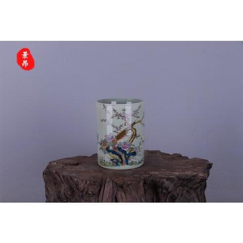 Qing Dynasty Yongzheng famille rose flower-and-bird pen pot ancient ceramics