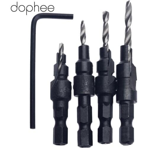 Dophee 4pcs Hand Tool Change 1/4" Hex Shank HSS Tapered Hardened Countersink Cone Drill Bit Set Hole Saw Woodworking Tool+Wrench