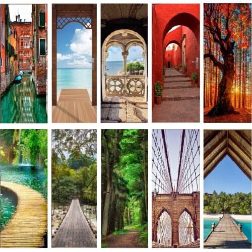 Door Wallpaper Door Sticker 3d Tree Bridge Self-adhesive Posters Hot DIY Vinyl Wall Sticker Mural Decals Home Decor deurposter