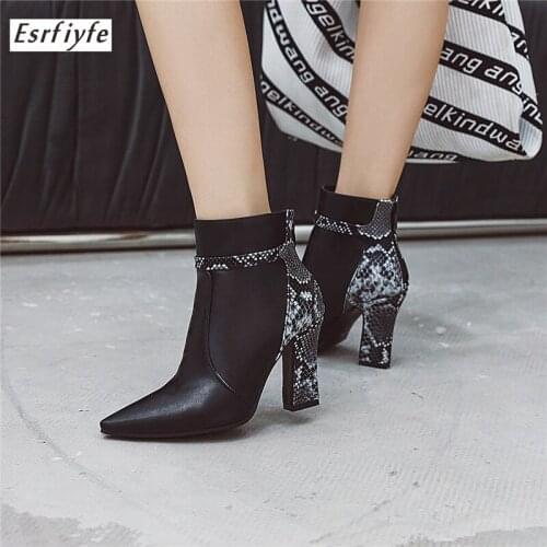 ESRFIYFE 2020 New Women Zipper Boots Snake Print Ankle Boots Square Heel Fashion Pointed Toe Ladies Sexy Shoes Chelsea Boots