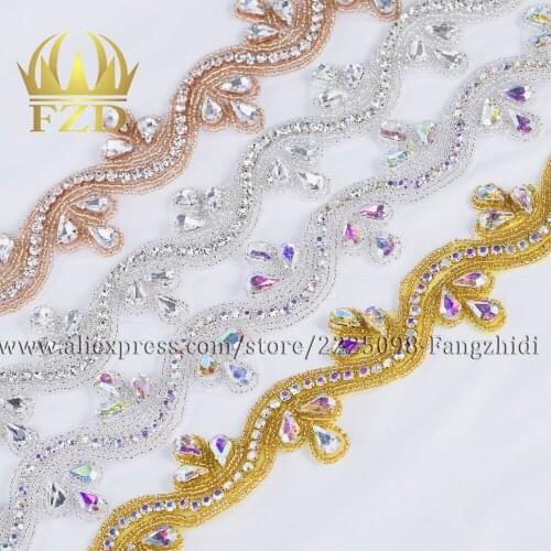 FZD 10 PIECES Handmade Sew Iron On Diamante Clear Beaded Crystal Rhinestone Patch for Wedding Dresses Bridal Sash Garters
