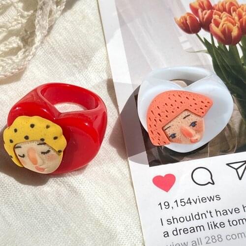 Fashion Cartoon Character Avatar Girl Rings Diy Resin Love Color Ring for Women Jewelry Gift Kawaii Jewellry