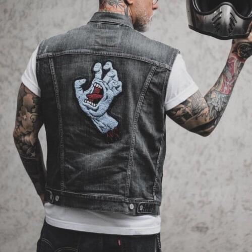 Fun fist print European and American punk lapel single-breasted motorcycle style denim vest for men
