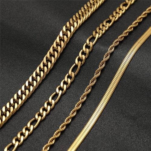 4pcs Set Stainless Steel Cuba Chain Figaro Snake Rope Necklaces for Men Women Hip Hop Jewelry