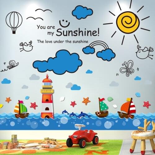 Sailboat Lighthouse Wall Stickers PVC DIY Cartoon Clouds Sun Wall Decals for Kids Room Baby Bedroom Decoration