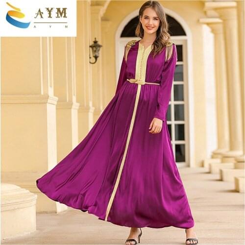 Lates Rose red beaded and fringed epaulettes middle east woven satin dress with belt for women Fashion Casual Skirt