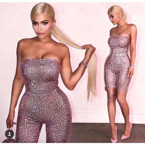 New Celebrity Pink Purple Bright Strapless Rayon Bandage Playsuit Top Quality Evening Party Jumpsuit