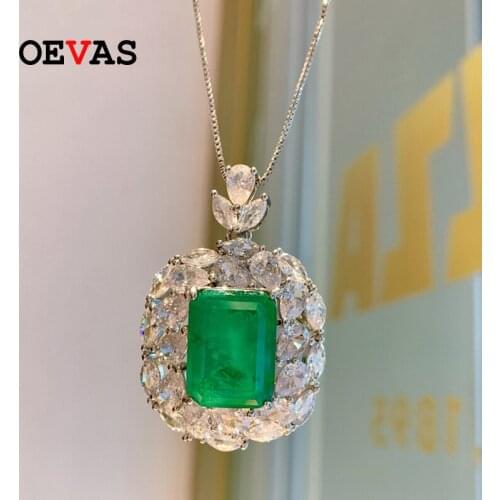 OEVAS 100% 925 Sterling Silver Synthetic Emerald High Carbon Diamond Pendant Necklace For Women Sparkling Wedding Fine Jewelry