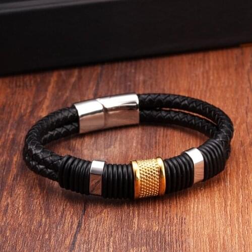 Handmade Genuine Leather Weaved Double Layer Men Charm Bracelets & Bangles Casual Sporty Chain Link Fashion Bracelets