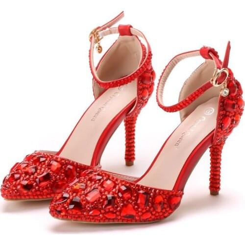 Women sandals wedding Party PU Rhinestones Buckle Strap 9.5CM Thin High heels Pointed Toe sandal women shoes 2020 size 35-42