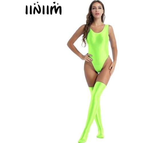 Womens Lingerie High Cut Bodysuit with Stocking Round Neck Sleeveless Clubwear Glossy Stretchy Swimming Suit Swimwear Swimsuit