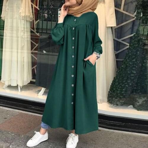 Plus Size Fashion Muslim Dresses Woman Buttons Shirt Dress Long Sleeve Maxi Abayas for Women Femme Solid Color Casual Vestidos