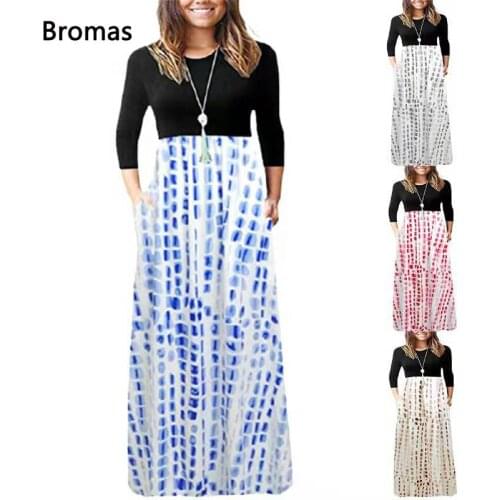 Fall New Womens Digital Printing Stitching Pocket Round Neck Long Sleeve Fashion Dress