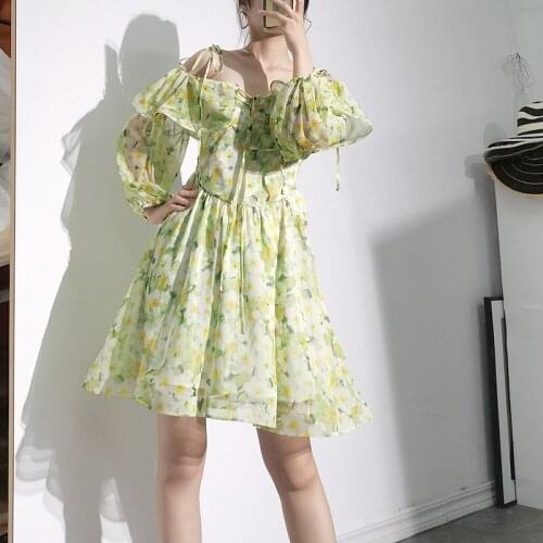 New Sweet Women Off Shoulder Dresses Ruffles Summer Casual Floral Printed Lady Retro Vintage Clothing Dress Green Goth Dress