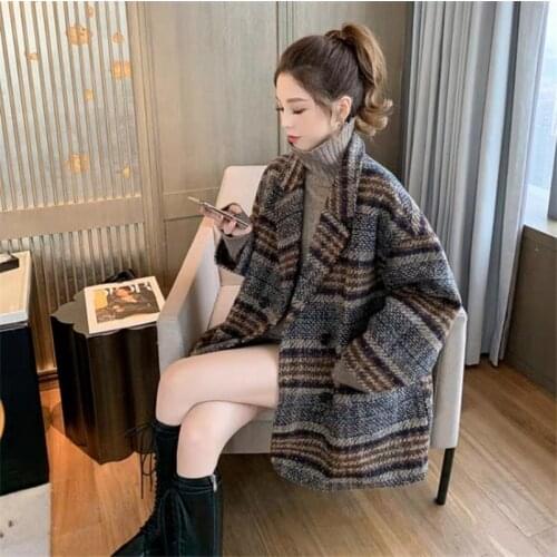 Winter Woman Coats 2020 Medium Length Pocket Fashion Womens Coat Loose Retro Plaid Thick Wool Jacket For Women