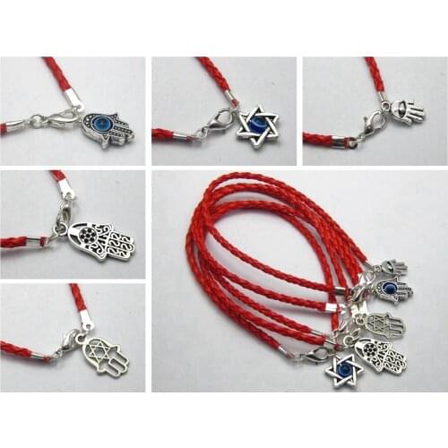 10 Kabbalah Blue Eye Hamsa Hand Charms Red Leatheroid Braided Good Luck Bracelet