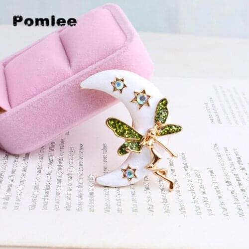 Pomlee Angel Moon Star Brooches for Women Vintage Alloy Pins Coat Brooch Shining Elegant Handbag Accessories High Quality