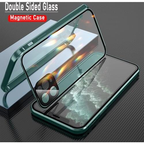 Double Sided Glass Magnetic Case For iPhone 11 12 Mini Pro Max X XR XS Max With Camera Lens Protection Bumper Metal Phone Cover