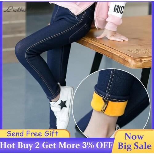 Jeans For Girls Autumn Winter Fashion Korean Slim Jeans Elastic Warm Girls Denim Trousers Fleece Lined Leggings Girls 4-13 Years
