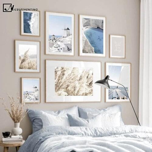 Aegean Sea Santorini Windmill Landscape Painting Travel Poster Canvas Print Nordic Wall Art Picture Modern Living Room Decor