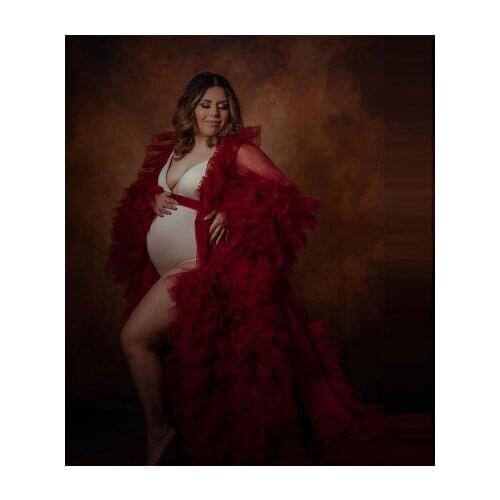 Classic Red Tulle Maternity Robes With Belt Extra Puffy Ruffles Tiered With Train Long Sleeves Plus Size Dressing Gowns