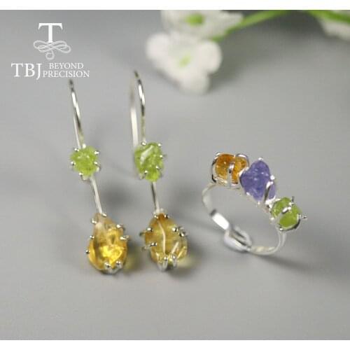 Handmade gemstone rough Jewelry set natural Brazil Citrine peridot earring ring 925 sterling silver fine jewelry for lady