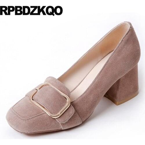 Square Toe 2017 High Heels Medium Pumps Vintage Chunky Suede Gray Size 33 Metal Pink Shoes Women Work Autumn Spring Chinese