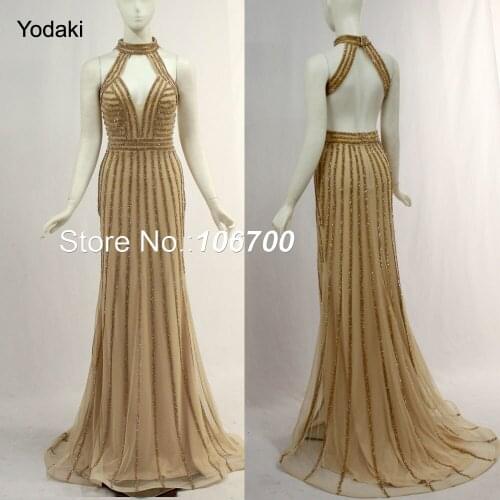 New Deep V Crystal Beaded Mermaid Formal Evening Dresses Halter Open Back Off Shoulder Navy Colors Tulle Long Party Prom Gowns