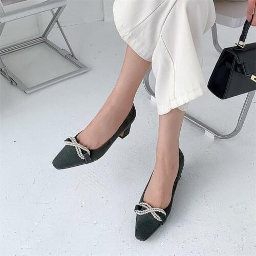 COOLULU 2021 Spring New Women Shoes Square Toe Pumps Pearl High Heels String Bead Thick Heel Dress Footwear Ladies Black Size 43