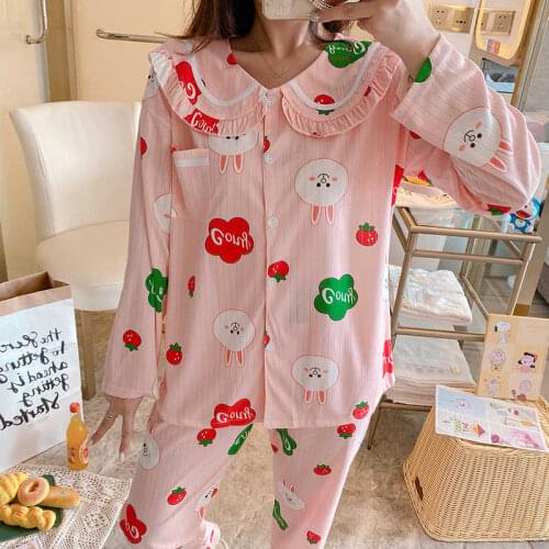 Women Pjs New Ladies Long Sleeves Cotton Sleepwear Set Womens Home Cloth Suit Sweet Pyjamas Elegant Womens Pajamas Sets