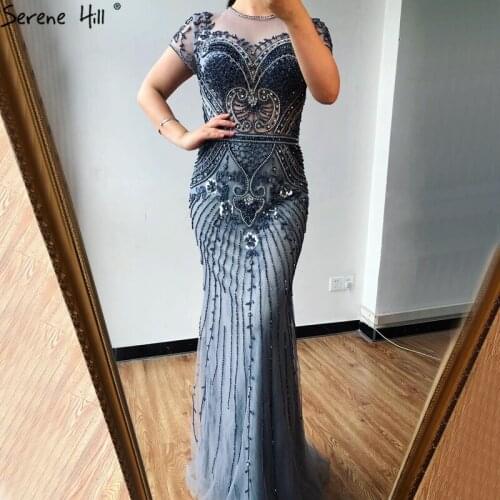 Serene Hill Dubai Navy Blue Mermaid O-Neck Design Evening Dress 2021 Beading Diamond Luxury O-Neck Formal Party Gown CLA70152