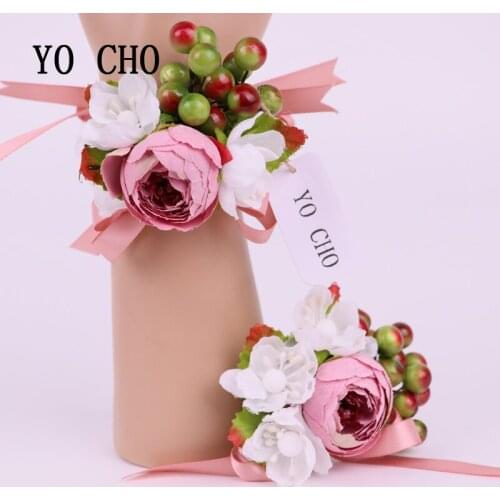 YO CHO 2018 New Free Shipping Tea Rose With Little Fruit Wrist Corsages Flowers Bride Groom Wedding Corsages And Boutonnieres