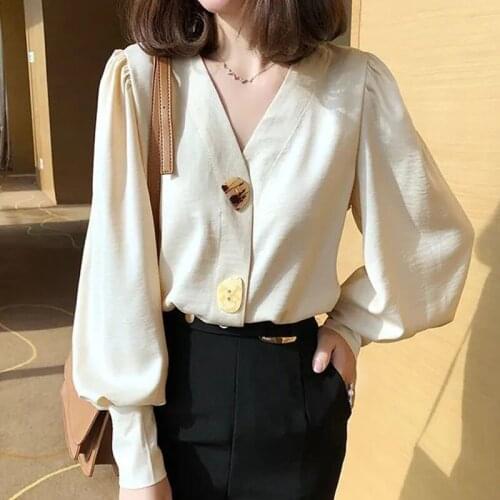 Womens Spring Autumn Style Blouse Shirt Womens Solid Color Button Lantern Sleeve V-Neck Elegant Slim Tops SP900