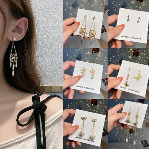 Butterfly Tassel Pearl Drop Asymmetry Earrings For Women Fashion Round Trendy Ear Studs Statement 2021 Party Jewelry Gift