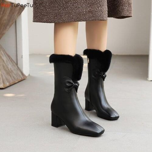 Luxury Mid-Calf Riding Boots Women Elegant Platform High Heel Footwear Winter Plush Lining Square Toe Bow 3~18 Faux Leather Shoe