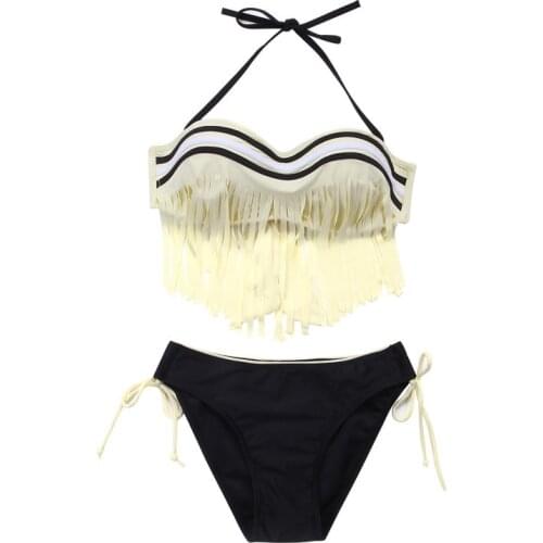 Women Bikini Set Bandage Push-Up Padded Triangle Beach Swimwear Tassel Halter Bow Lace Up Swimsuit Bathing Set