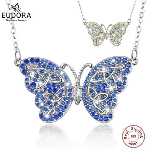 Eudora 925 Sterling Silver Crystal Yelllow / Blue Zircon Flying Butterfly Chain Pendant Necklace for Women Fashion Jewelry D554