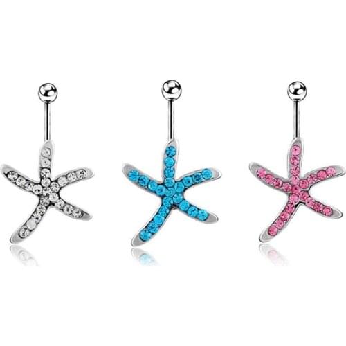 1PC Starfish Belly Rings for Women Pink Belly Button Rings Belly Piercing Crystal Star Body Jewelry Navel Piercing Rings