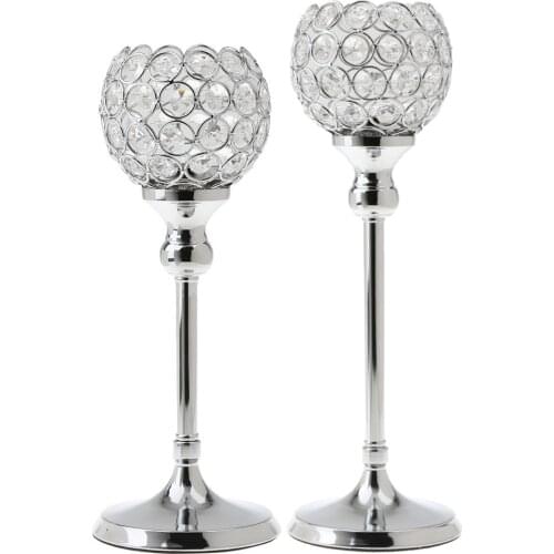 2Pcs Silver Globe Pillar Votive Candle Holder Wedding Banquet Centerpiece 35cm + 30cm