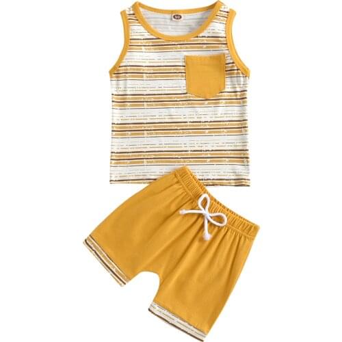 2021 Childrens Sets Kids Baby Boys 2-piece Outfit Set Sleeveless Striped Print Tops+Shorts Set for Children Boys for 1-5T