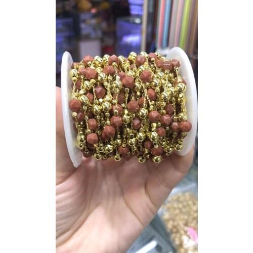 3M/packs Copper semiprecious stone jewelry making chain, red stone gold plated flat gems beads connector findings