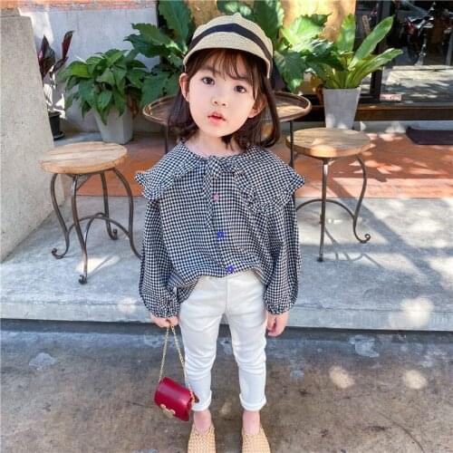 Kid clothes baby long-sleeved shirt female baby cotton big lapel doll collar plaid shirt top Blouse Color buttons Clothes