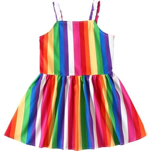 Baby Kids Summer Breathable Girls Suspender Dress Creative Rainbow Stripes Sleeveless Slip Princess Skirt